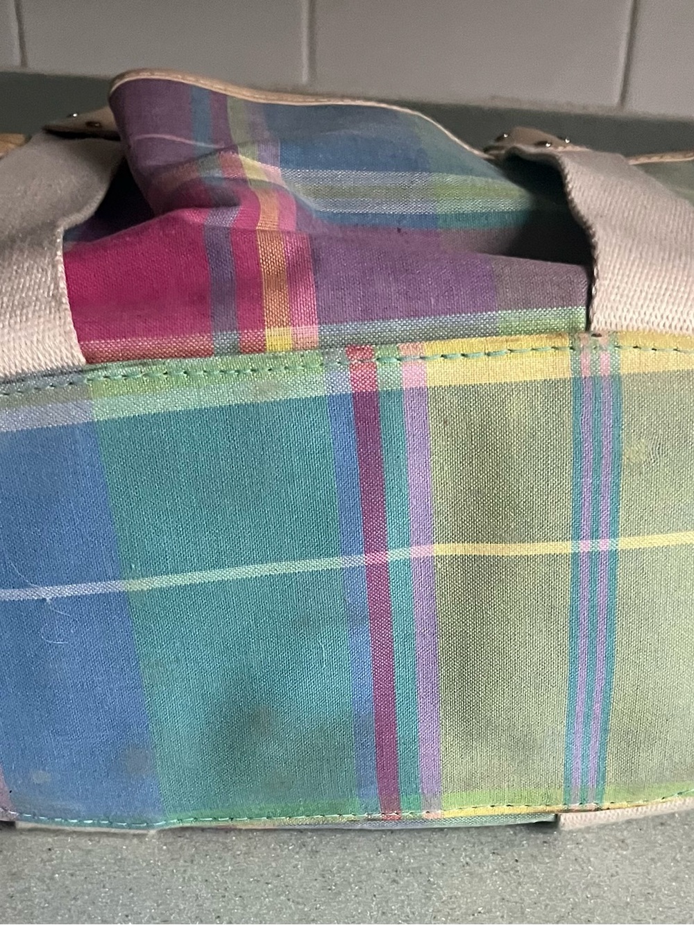 Ralph Lauren Multicolor Pastel Plaid Straw Tote with Cream Leather Handles large - Picture 7 of 7